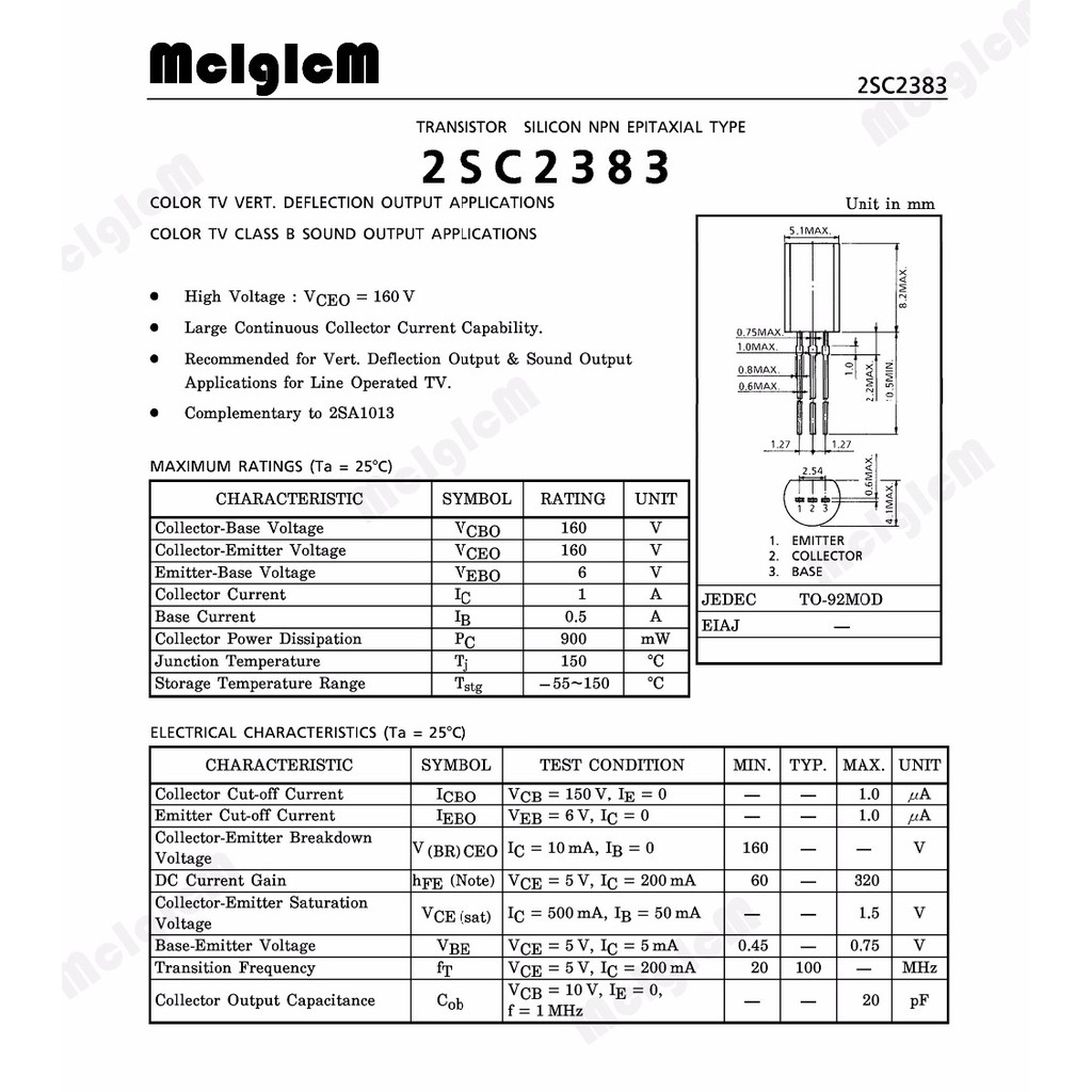 Set 50 linh kiện bán dẫn 3 cực C2383-Y 2SC2383 2SC2383 TO-92L 1A 160V