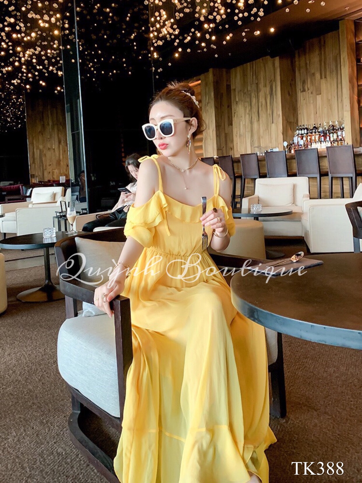 Váy đầm mẹ bé QUỲNH BOUTIQUE  Váy  vàng hai dây cho bé và mẹ