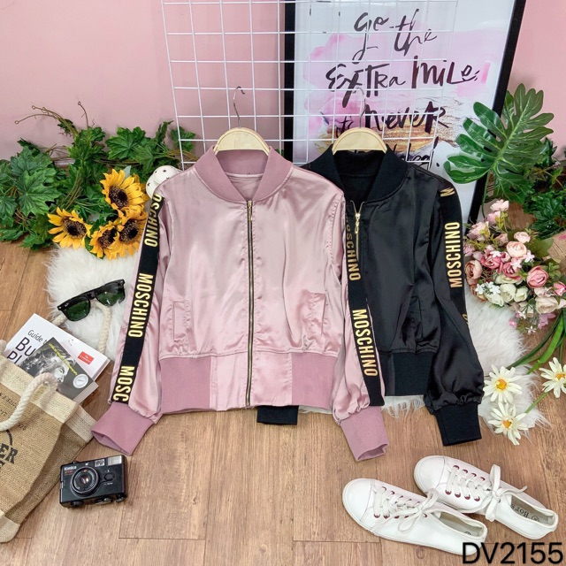 Áo khoác bomber tay dài viền chữ không nón bo thun