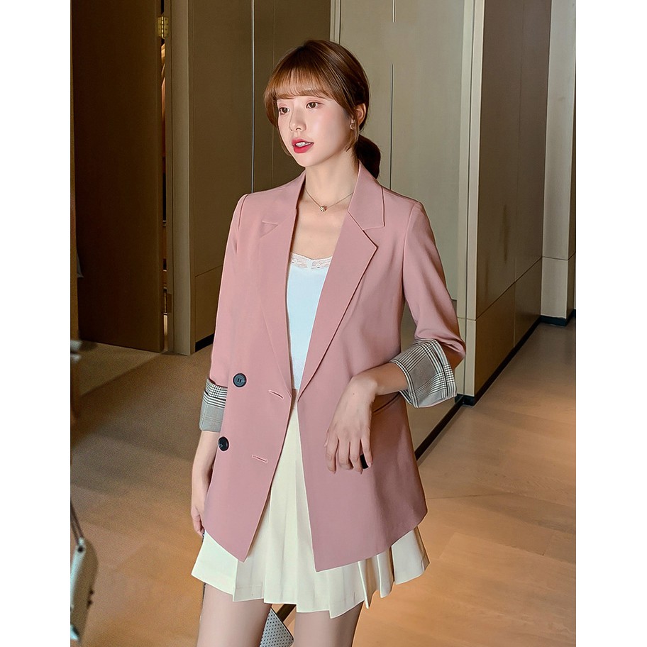 Áo Blazer màu hồng cổ tay caro chất vải cao cấp TN1318-H