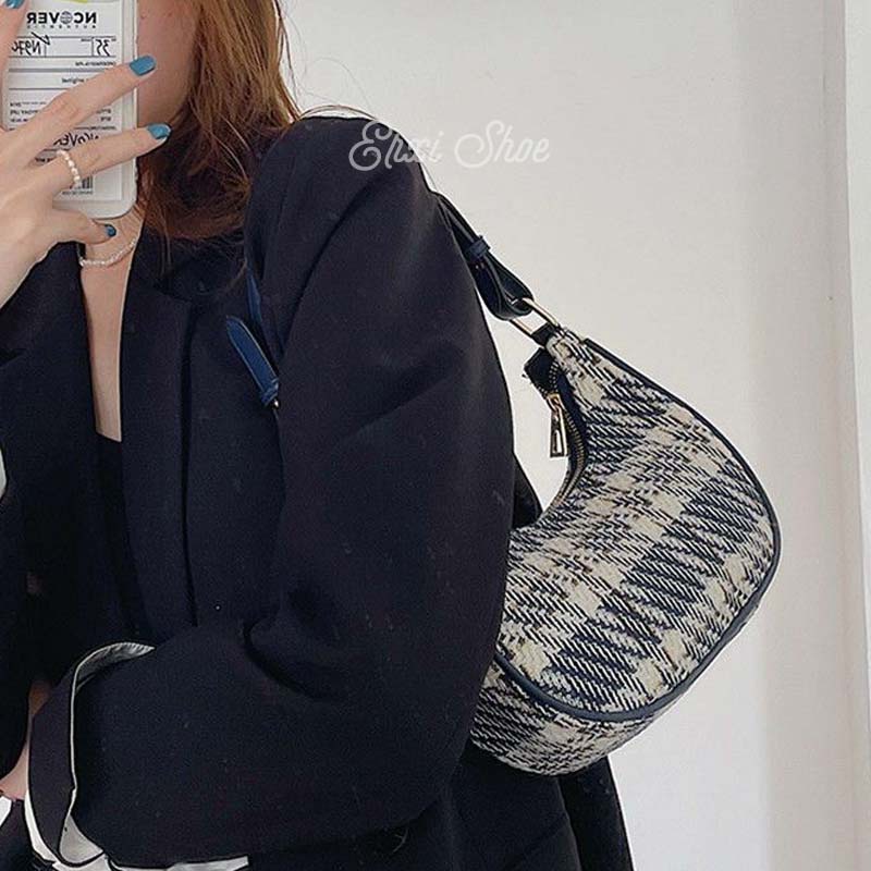 Oeteo Túi Xách Đeo Vai Vải Bạt Họa Tiết Kẻ Sọc Có Khóa Kéo Cho Nữ