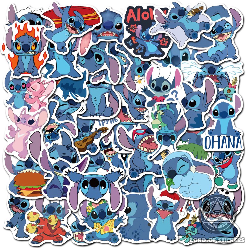 Set 50 Miếng Dán Sticker Hoạt Hình Stitch Chống Thấm Nước Trang Trí Mũ Bảo Hiểm, Điện Thoại, Laptop, Ván Trượt, Sổ, Vali