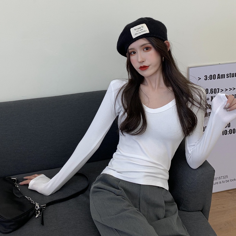 SUXI Áo Croptop Tay Dài Cổ Chữ V Màu Sắc Đơn Giản Cho Nữ