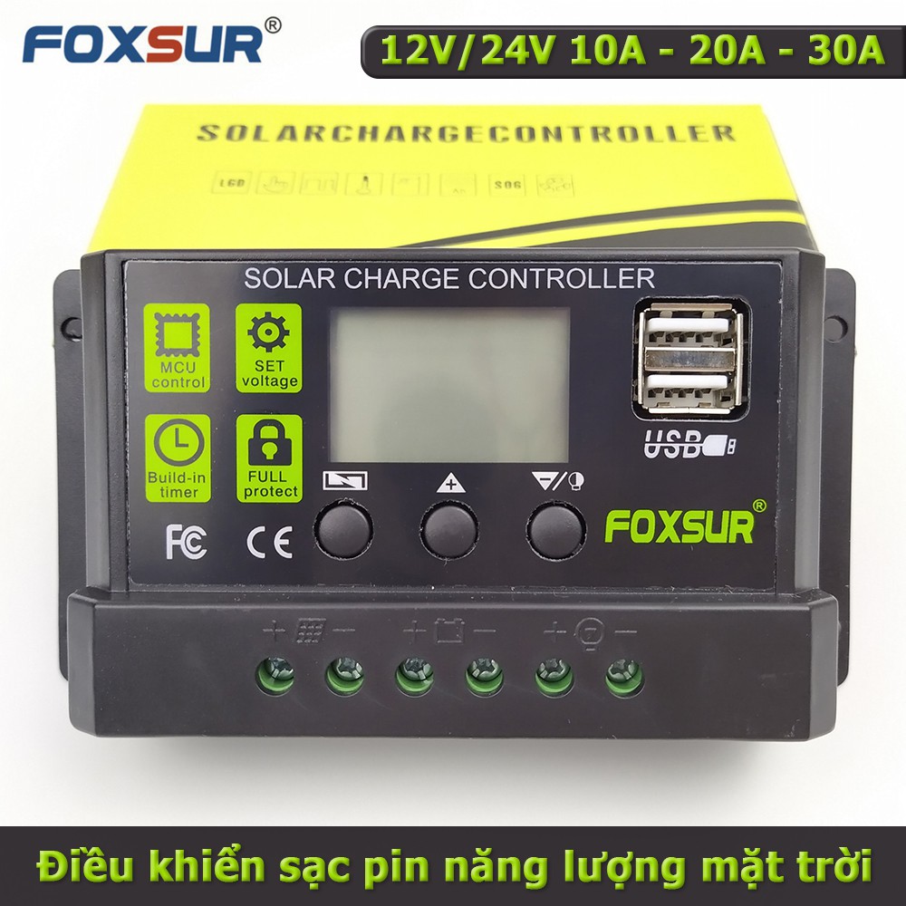 Điều khiển sạc pin năng lượng mặt trời Foxsur 10A 20A 30A 12V/24V Solar Charge Controller