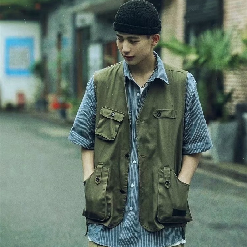 Áo Sơ Mi Không Tay Dáng Rộng Thoải Mái Nhiều Túi Phong Cách Hip Hop Đường Phố Nhật Bản Cho Nam [M-2XL]