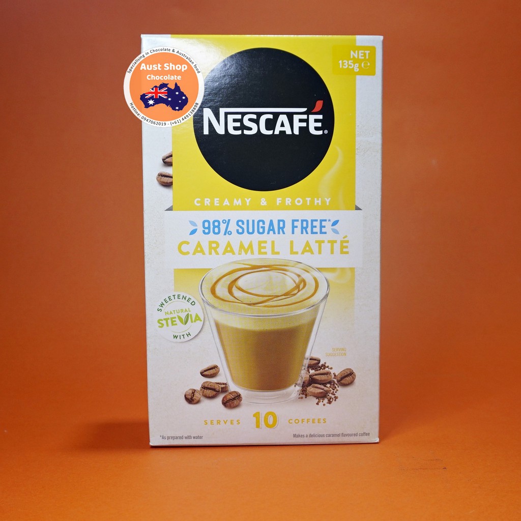 Cà phê hòa tan ít đường Caramel Latte Nescafe 98% Sugar Free Caramel Latte Sachets 10 pack (gói) - Aust Shop Chocolate