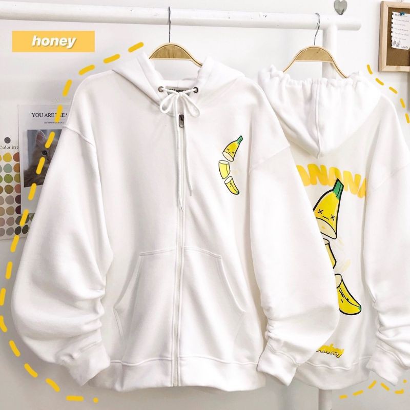 [Giá siêu rẻ] Áo khoác nỉ zip hoodie quả chuối, form rộng, có 2 phối màu đen trắng | BigBuy360 - bigbuy360.vn