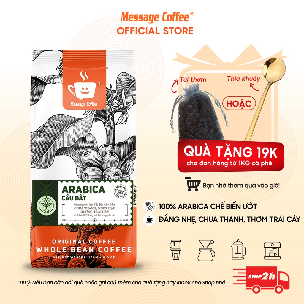 Cà phê Arabica Cầu Đất nguyên chất 100% hậu vị ngọt thơm quyến rũ gói 500g Pha Máy - Cold Brew và Drip từ Message Coffee