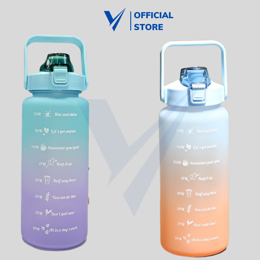 Bình nước 2 lít chia vạch tặng kèm sticker, dành cho người hay quên uống nước, nhắc thời gian uống nước đúng giờ