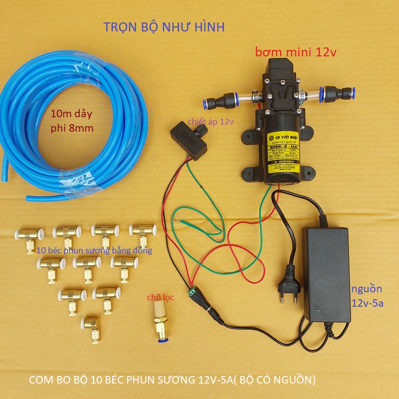 Bộ máy bơm phun sương 5 béc đến 30 béc, có chiết áp điều chỉnh lượng nước (bộ có nguồn)