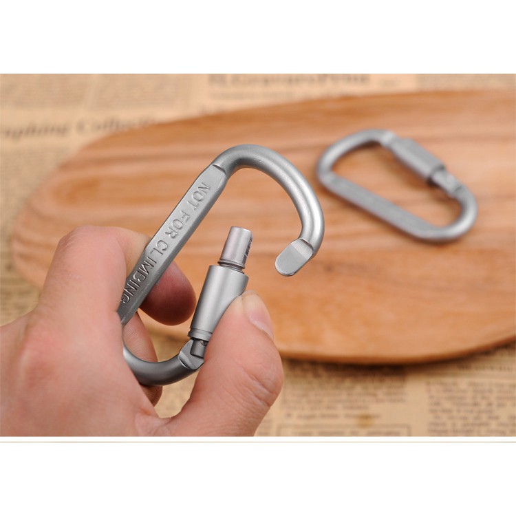 Móc khóa Carabiner hình chữ D bằng hợp kim nhôm màu xám bạc, móc khóa du lịch đa năng