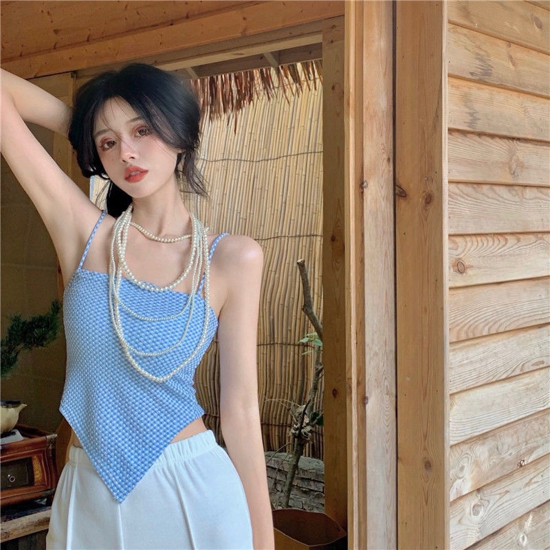 Áo Croptop Hai Dây Họa Tiết Sọc Caro Phong Cách Retro Mùa Hè