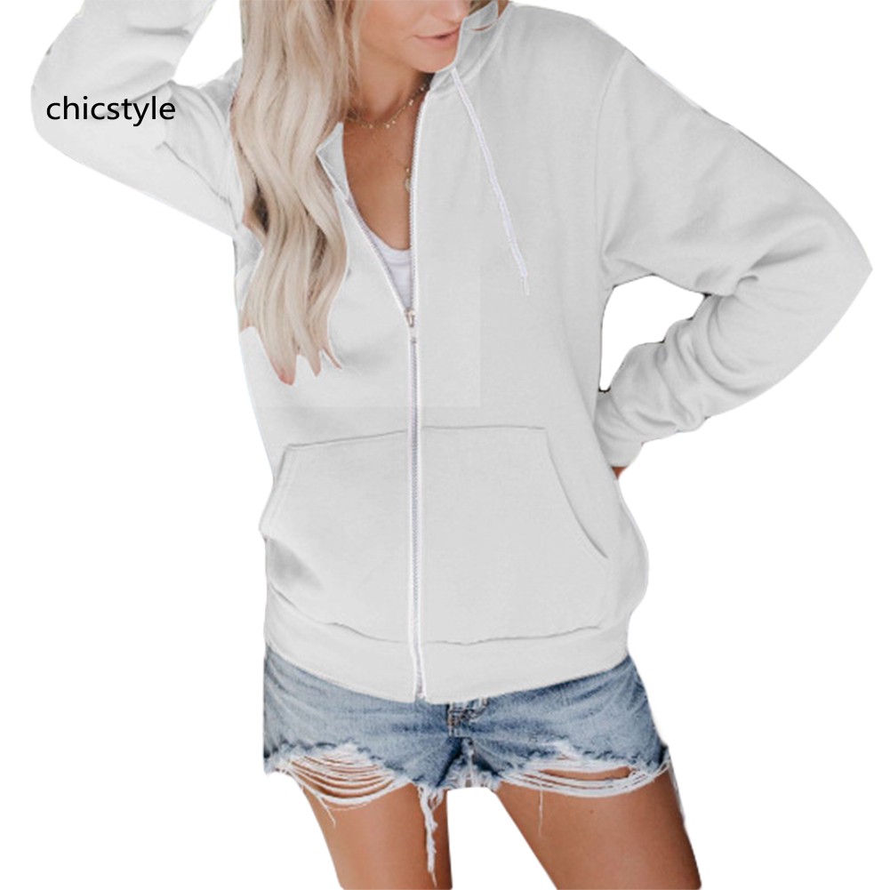 ♛WY♛Sports Women Solid Color Long Sleeve Hoodies Zipper Hooded Sweatshirt Jacket