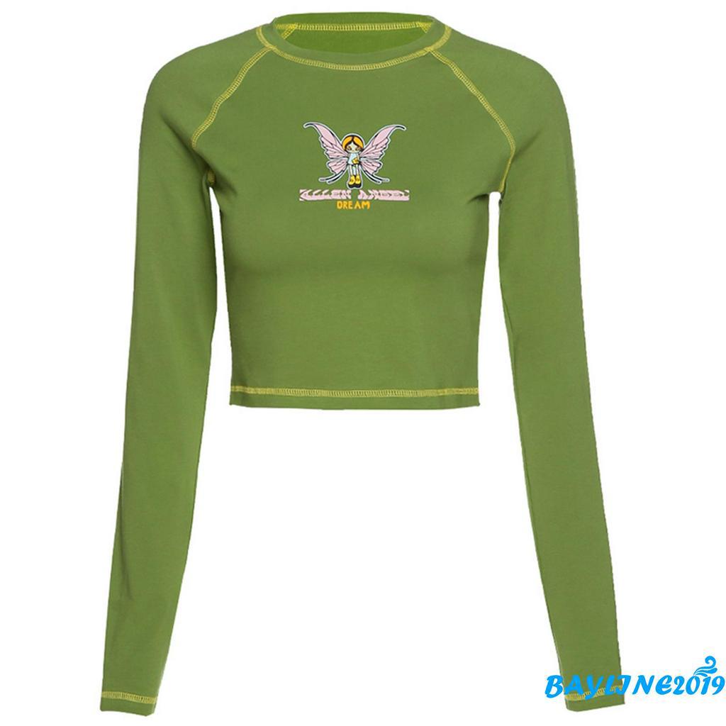 Áo Thun Lửng Ngắn Tay In Họa Tiết Hoạt Hình Dành Cho Nữ