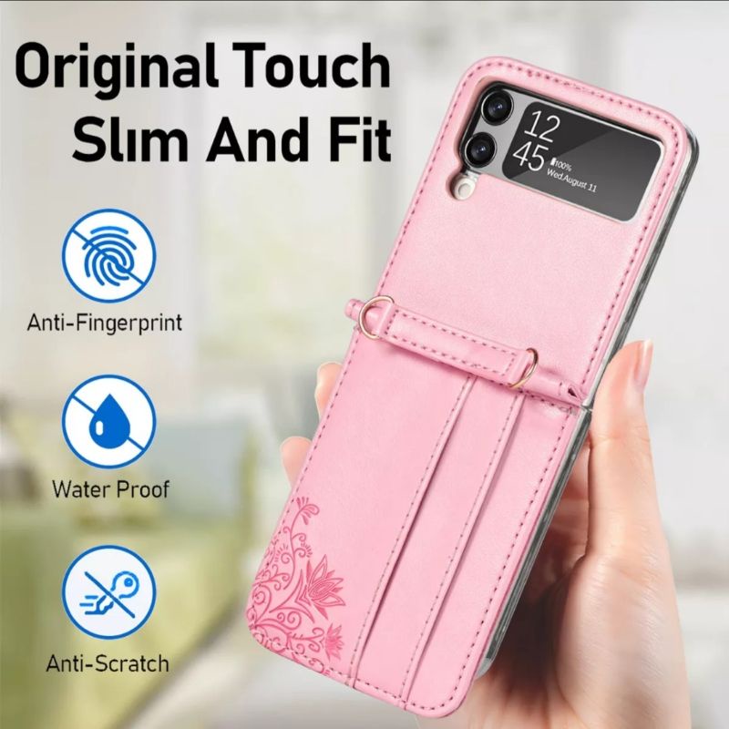 Ốp Samsung Z Flip 3 - ZFlip3 - Z Flip3 - Flip3 5G da hồng vintage có ngăn đựng thẻ kèm dây đeo dài dễ thương