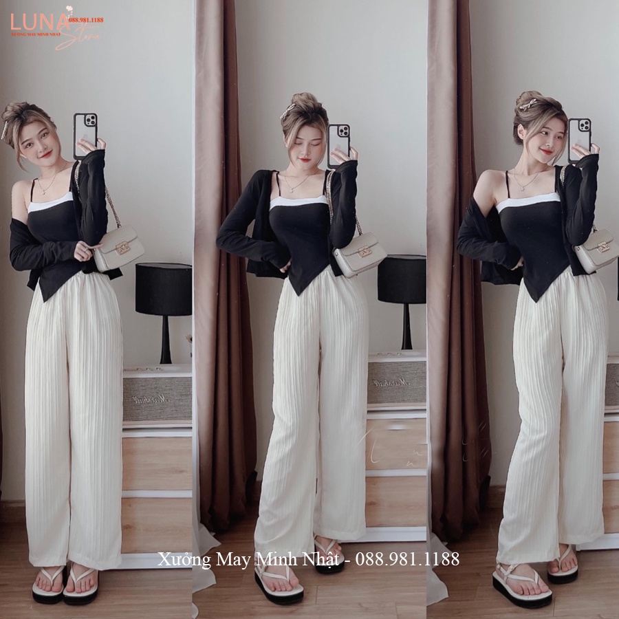 Quần ống rộng thun tăm gân cạp chun dây rút dáng quần len tăm ống rộng suông dài lưng cao vải mềm đi học chơi thể thao