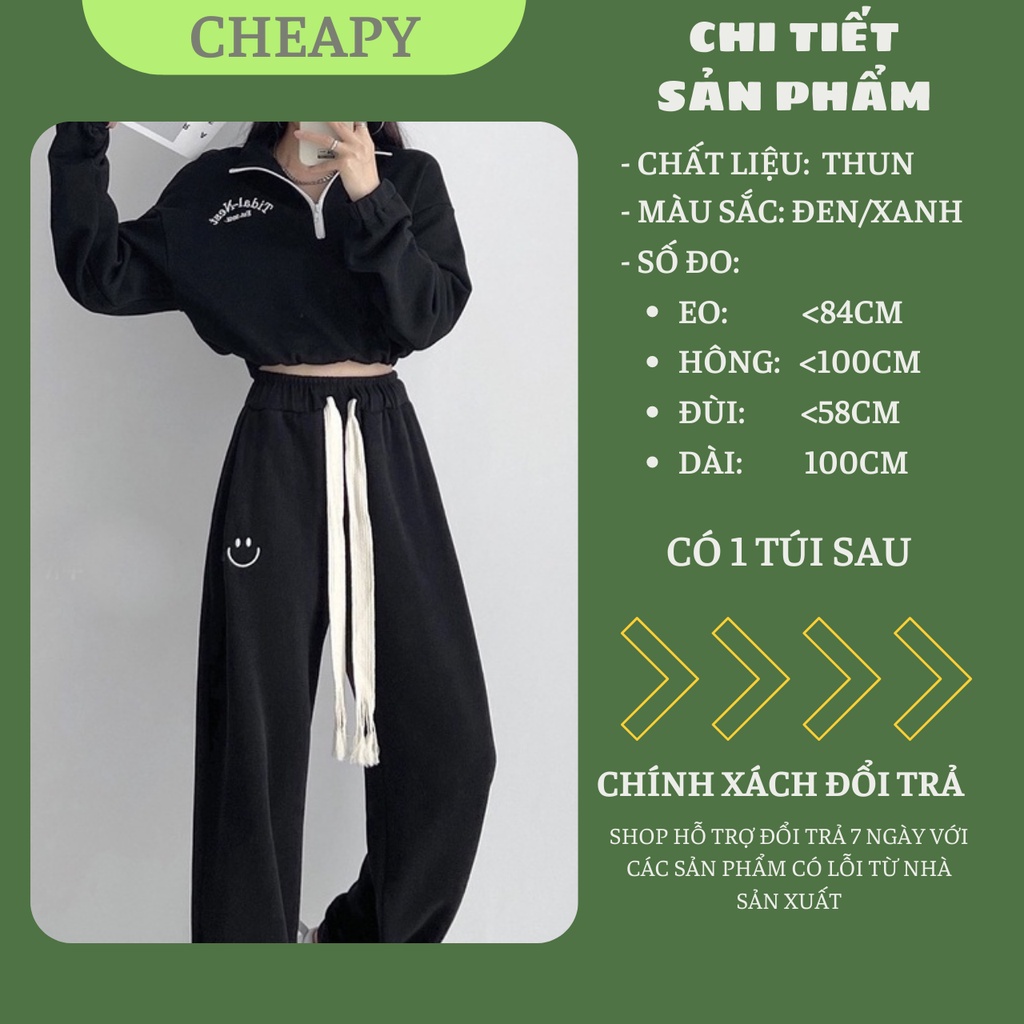 Quần jogger ống rộng, nam nữ unisex thêu mặt cười để suông bo gấu dây rút bản to  Cheapy đen xanh lá da cá tàu C966