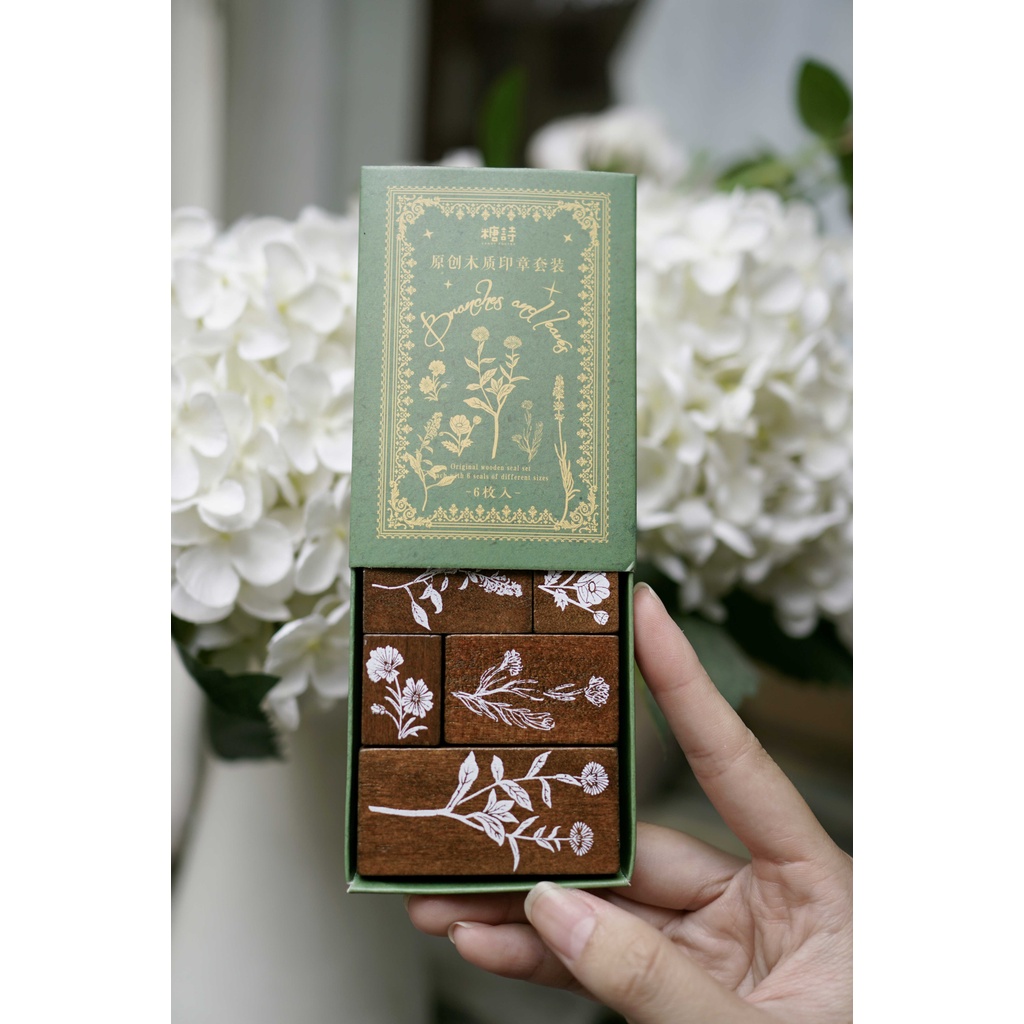 Bộ con dấu hoa lá - mẫu gỗ Vintage