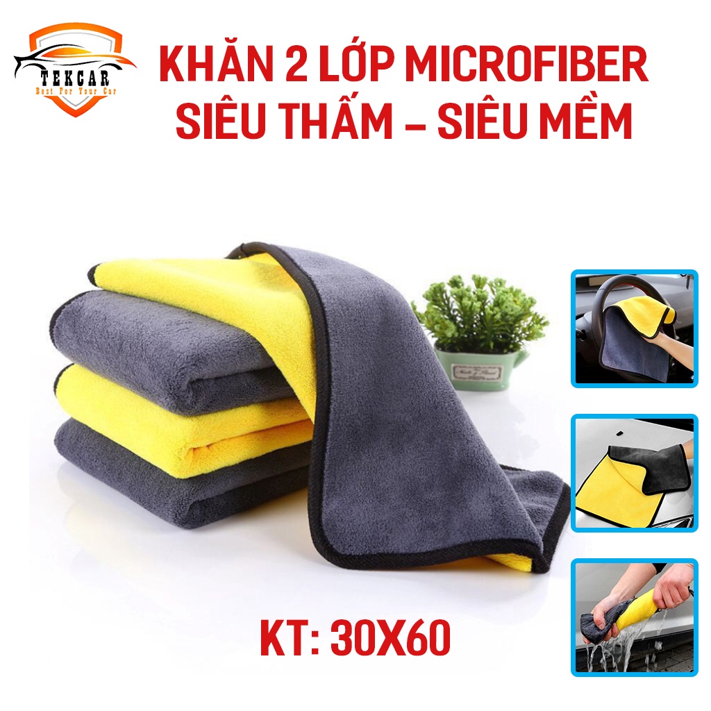 Khăn lau xe ô tô hình chữ nhật 30x60 siêu thấm chuyên dụng 2 lớp microfiber bền bỉ, khăn vải 3m không đổ lông lau xe oto