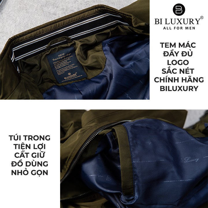 Áo khoác gió nam hai lớp Biluxury AG2T025REU chống nước đi mưa nhẹ có túi trong tiện dụng màu xanh rêu