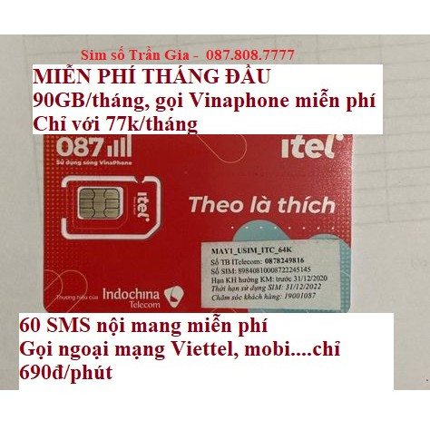 [RẺ VÔ ĐỊCH] Sim 4G ITelecom - Vinaphone - Data 90Gb/tháng - Miễn Phí Gọi VinaPhone - Cước duy trì 77k/tháng