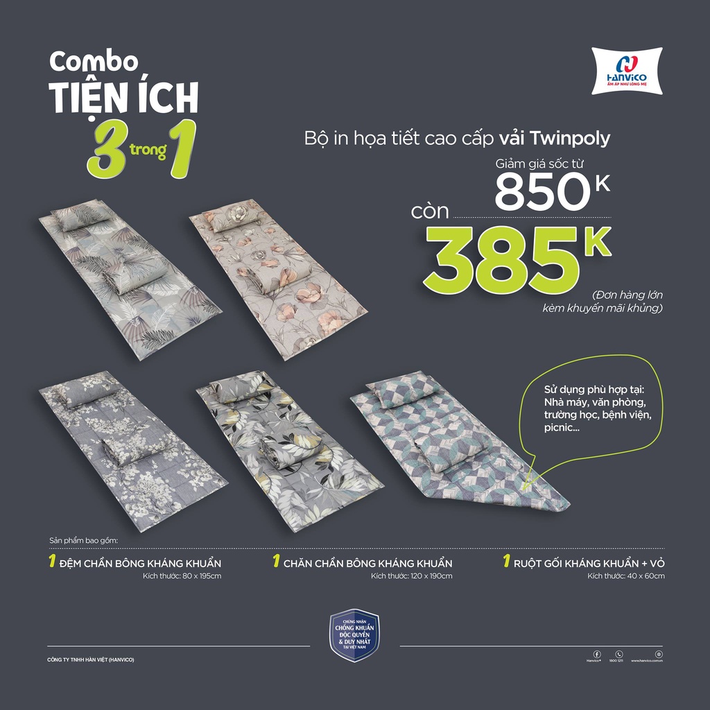 Bộ chăn ga gối đệm tiện ích, bộ tấm trải tiện ích, bộ tấm trải đa năng Hanvico