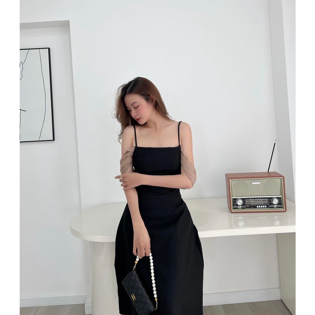 [HÀNG THIẾT KẾ CAO CẤP]  Đầm Xòe Trễ Vai Đi Tiệc Sang Trọng Màu Đen Form Dài