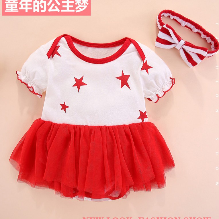 Váy body sơ sinh dài tay bé gái họa tiết sao kèm tuban size 0-12 tháng SS10