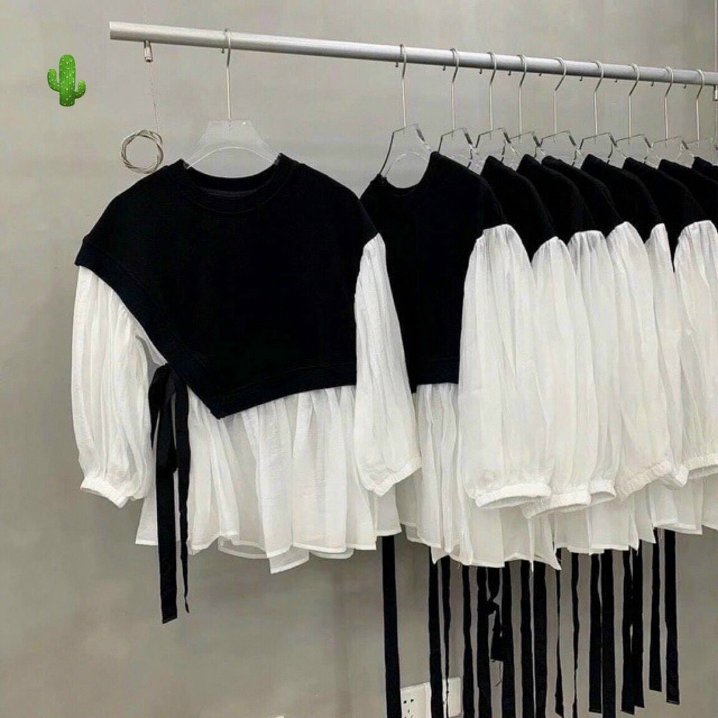 áo xinh babydoll phối đen trắng cột nơ xinh xắn p