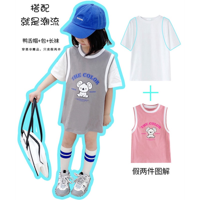 [LF.VN] Đầm Thun Cotton Giả Hai Mảnh Tay Ngắn Thời Trang Xuân Hè Đường Phố Cho Bé Gái 100-160cm