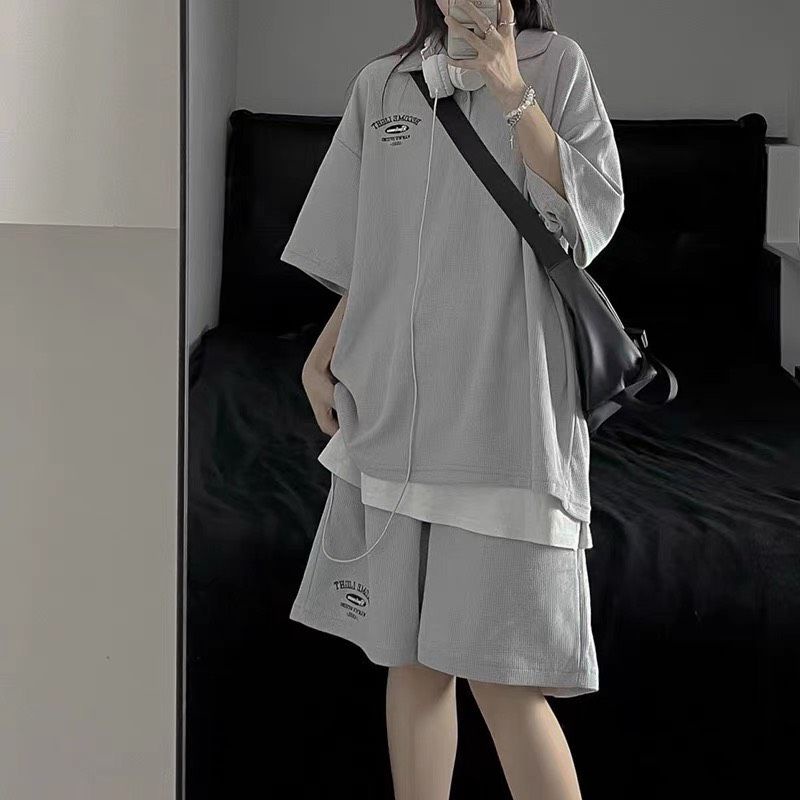 Bộ Thun Polo Chữ Thêu 1991 Unisex [FREESHIP]  Set áo form rộng tay lỡ kèm quần short đùi 3158 màu xám kiểu hàn quốc