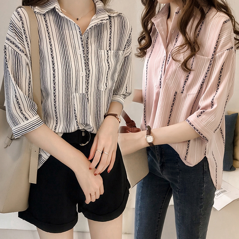 Áo sơ mi tay lửng dáng rộng kẻ sọc thời trang dành cho nữ