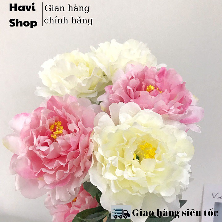 Hoa giả - Hoa Mẫu Đơn Havi 70cm cành 2 bông to 1 nụ nhỏ trang trí đẹp, giống thật