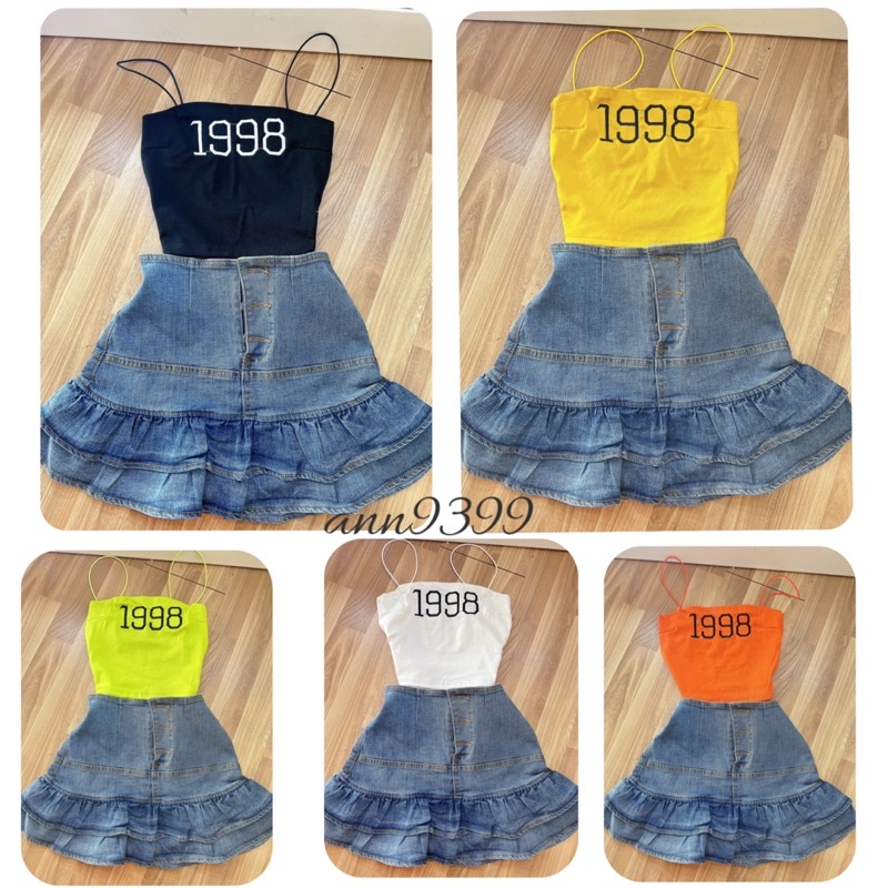 Set áo 2 dây 1998 và chân váy jean tầng siêu hot alohashop91