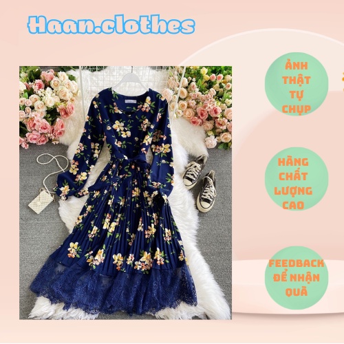 Đầm cổ tròn 10 màu chất voan mix ren thắt dây eo xếp ly phần tà dưới