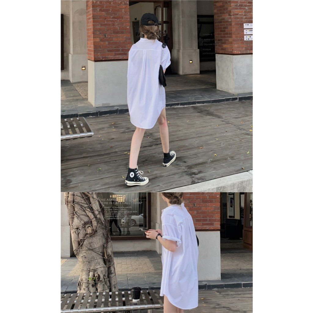 Lengthy Shirt AS4 - Sơ mi tay lửng, dáng dài, Oversize, form giấu quần dạng váy style Hàn Quốc