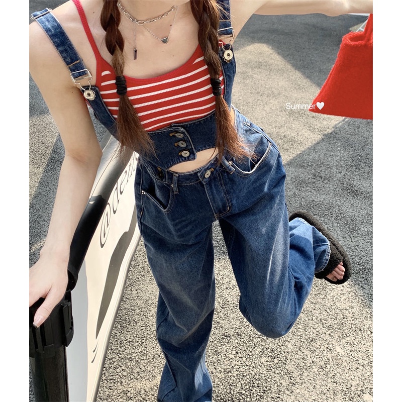 Retro chic suspender jeans women's spring 2022 New loose slimming straight wide leg pants ins trendy 7uXJ