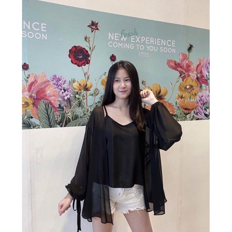 Kimono Tay Chun Dây Cột Nơ (Trắng/Đen)