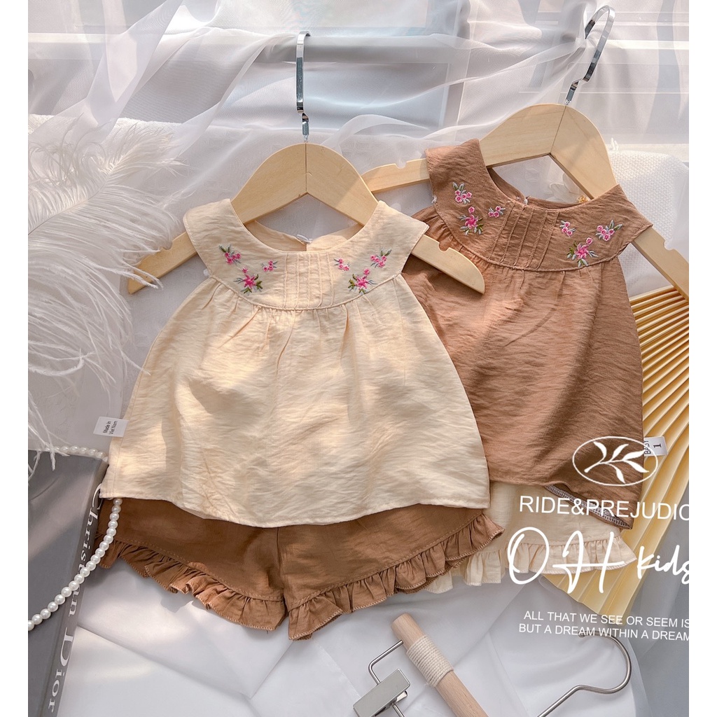 Đồ bộ cho bé gái - Bộ đũi thêu cành dáng babydoll cho bé gái