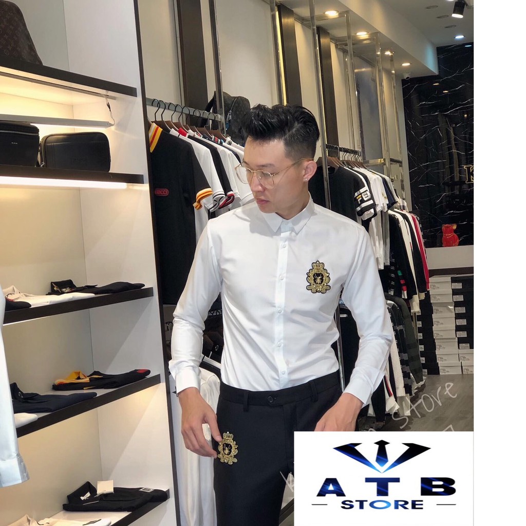 [ Sơ mi Nam Họa Tiết ] Sơ Mi Trắng Nam Phối Họa Tiết Thêu Nhện Vàng cao cấp Vải Lụa Chống Nhăn Không Xù 2020 atbshop