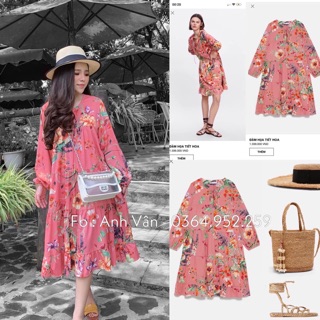 Đầm dáng xòe babydoll hoa màu hồng tay dài