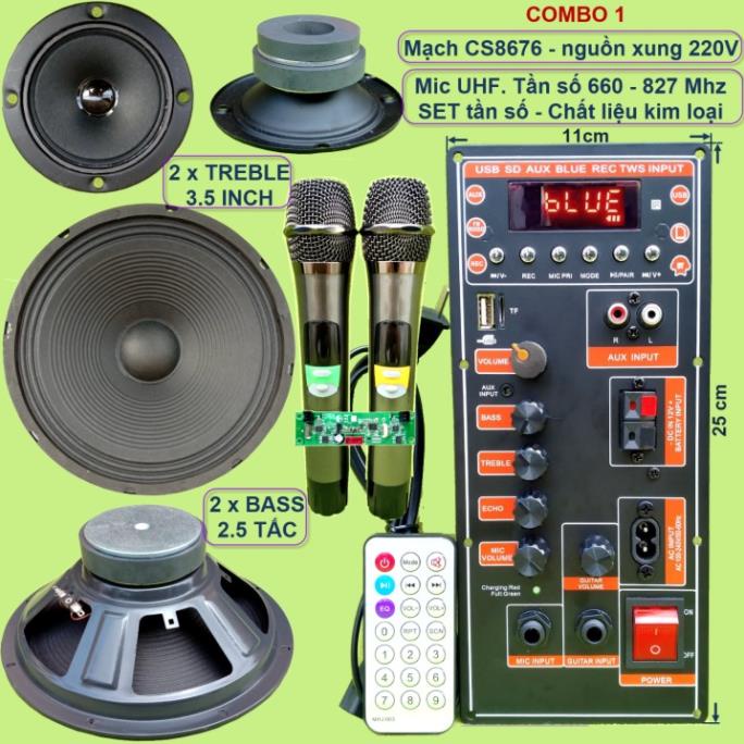 Mạch loa kéo 2.5 tấc đôi CS8676 60W – 120W có nguồn xung 220V kèm Micro đơn hoặc Micro đôi – Bluetooth Karaoke Guitar đi