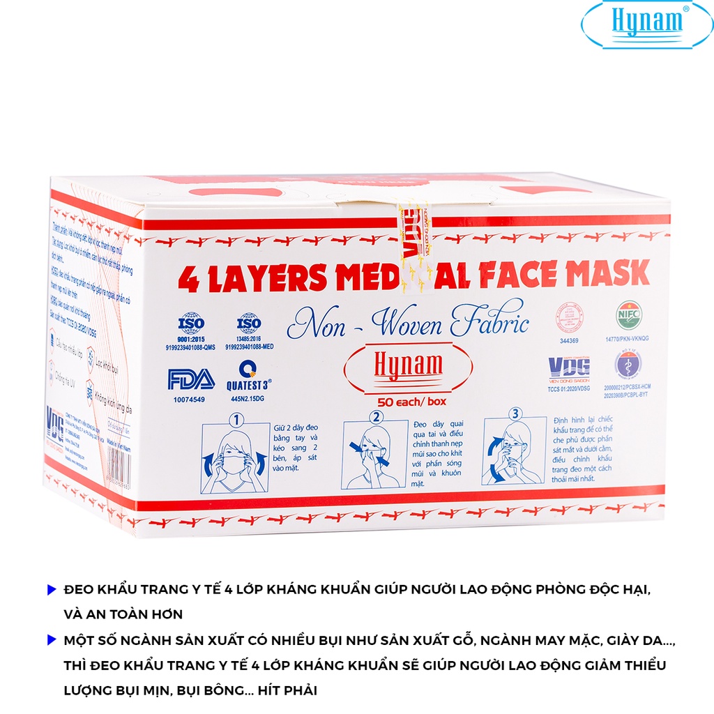Khẩu trang y tế 4 lớp Hynam trắng, xanh, hồng hộp 50 cái - Kháng khuẩn, chống bụi, chống tia UV - Viễn Đông Sài Gòn