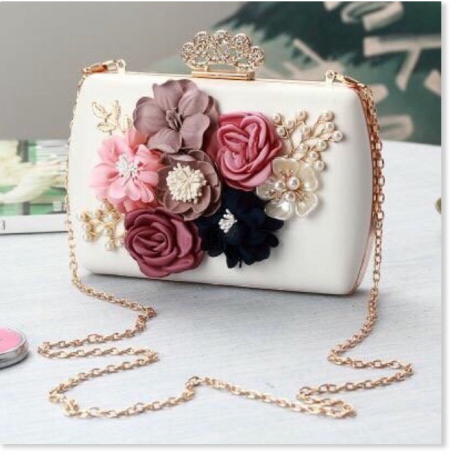 Ví nữ đi tiệc clutch cầm tay đính hoa hồng siêu xinh