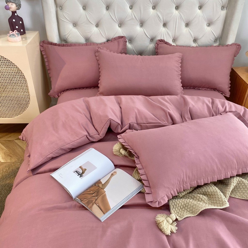 Bộ Chăn Ga Gối Cotton TICI LIDACO Bèo trơn - Hồng Phấn