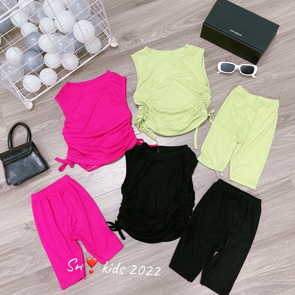 Bộ hè bé gái, bộ tăm lạnh mềm mát áo sát nách rút dây hông kèm quần lửng cho bé