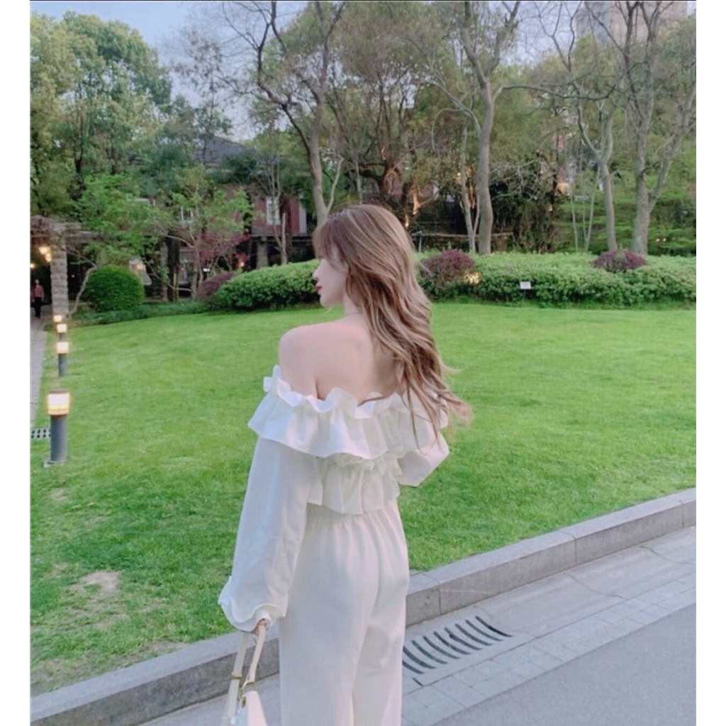 [Ảnh thật/Sẵn] Áo croptop trễ vai viền bèo dài tay ulzzang