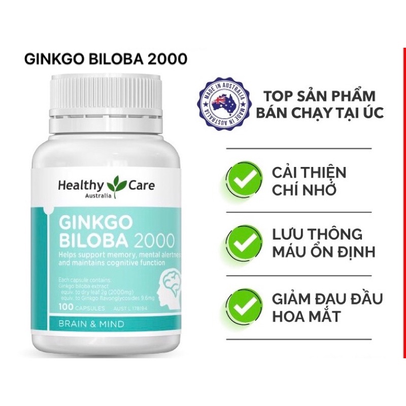 [HÀNG ÚC] Viên uống bổ não Ginko biloba2000 heathycare 100 viên