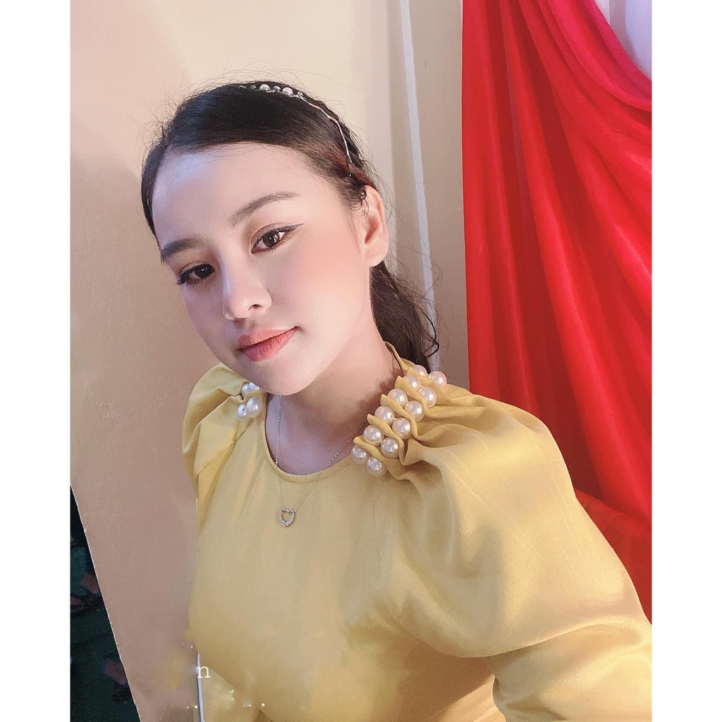 Áo dài cổ xếp ⚡FREESHIP⚡ Kiểu áo dài tay vai cách điệu đính hạt cổ