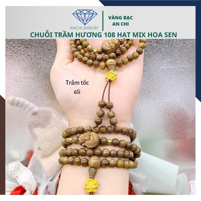 Vòng tay trầm hương 108 hạt mix charm hoa sen bạc cho nữ - size 6 8mm, Anchi jewelry